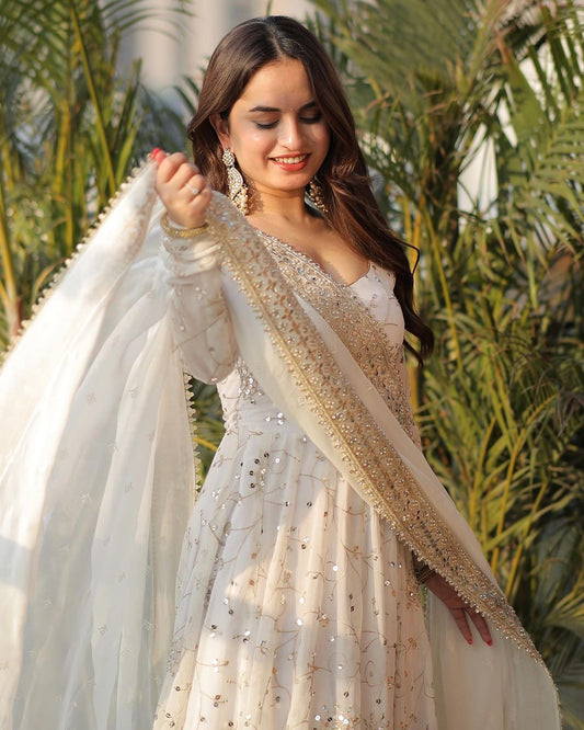 White Embroidered Georgette Anarkali Set