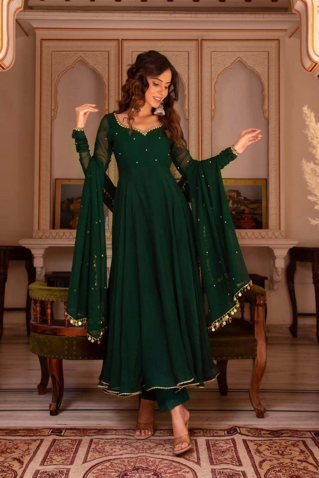 Green Color Georgette Anarkali Suit with Dupatta – INDIAN ELEGANCE