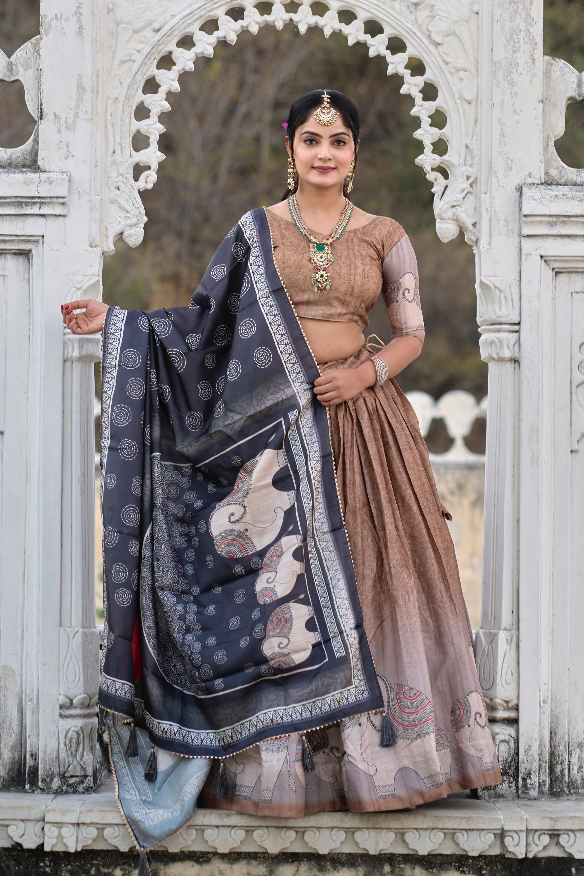 Graceful Brown Pure Manipuri Silk Printed Lehenga Choli Set - INDIAN ELEGANCE