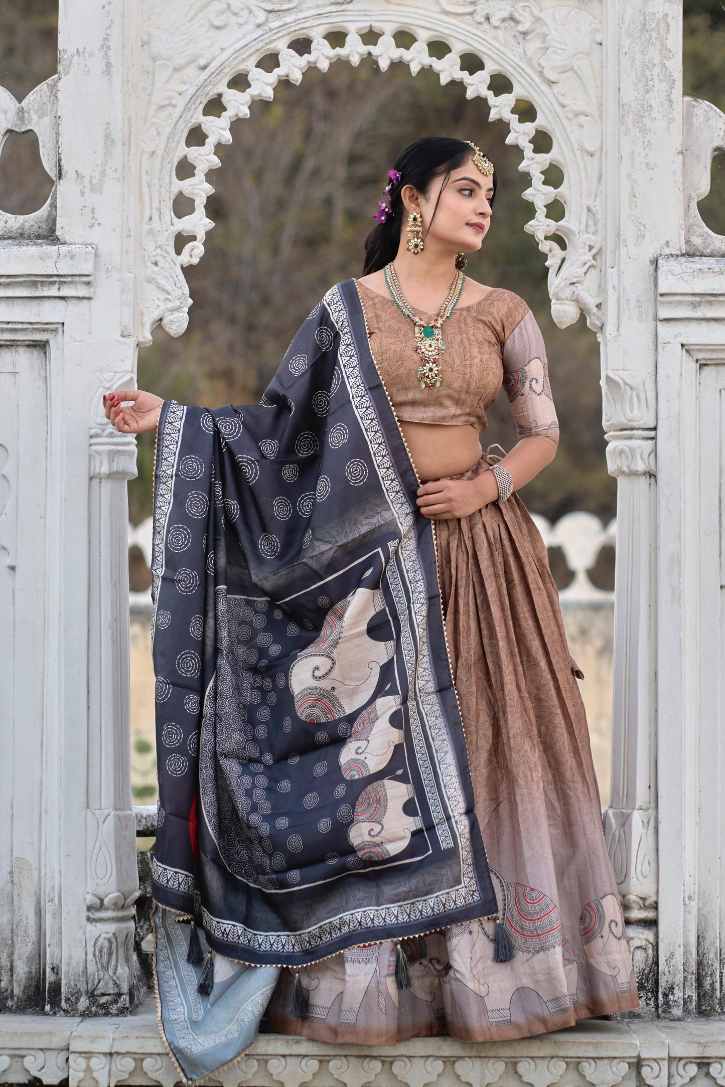 Graceful Brown Pure Manipuri Silk Printed Lehenga Choli Set - INDIAN ELEGANCE