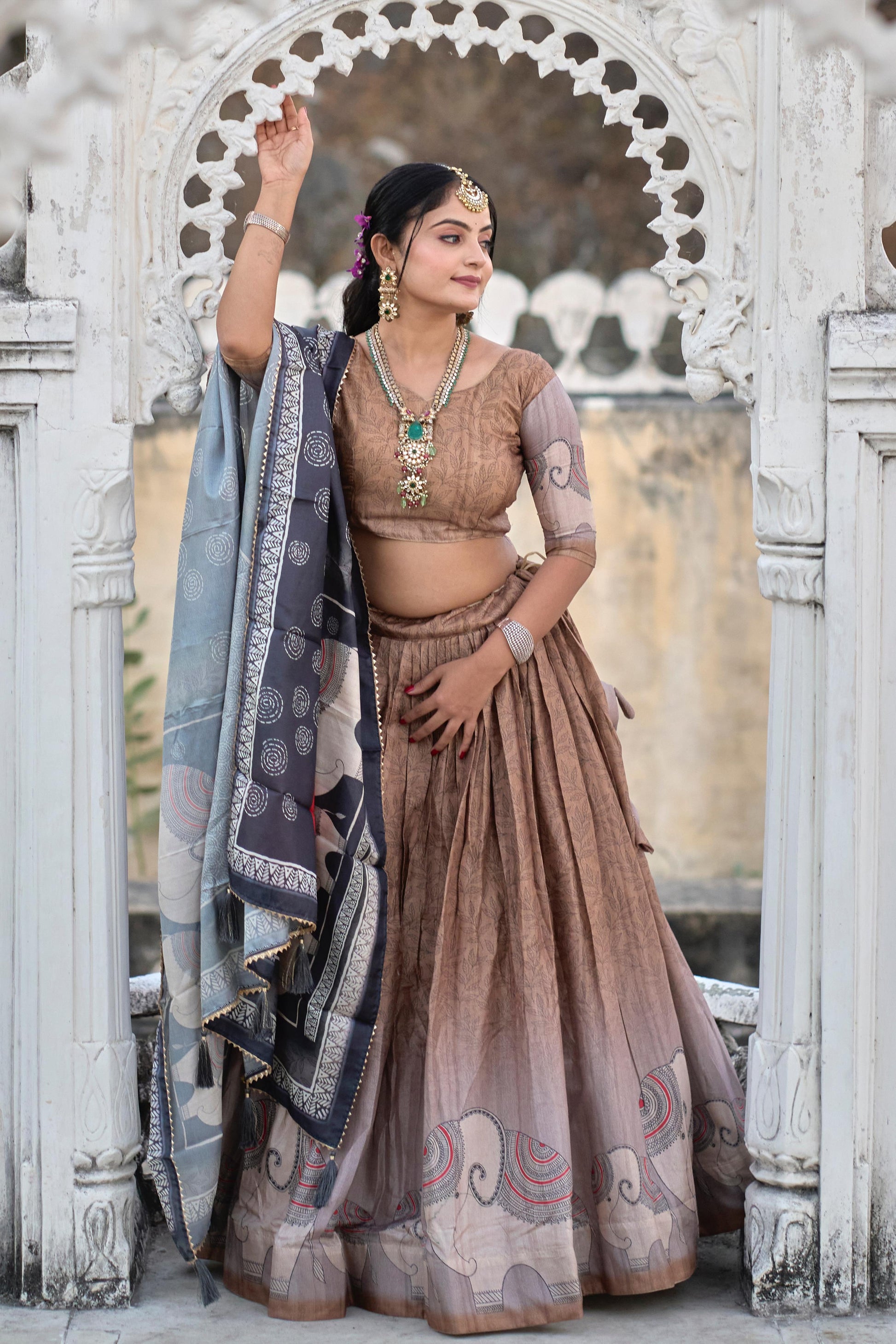 Graceful Brown Pure Manipuri Silk Printed Lehenga Choli Set - INDIAN ELEGANCE