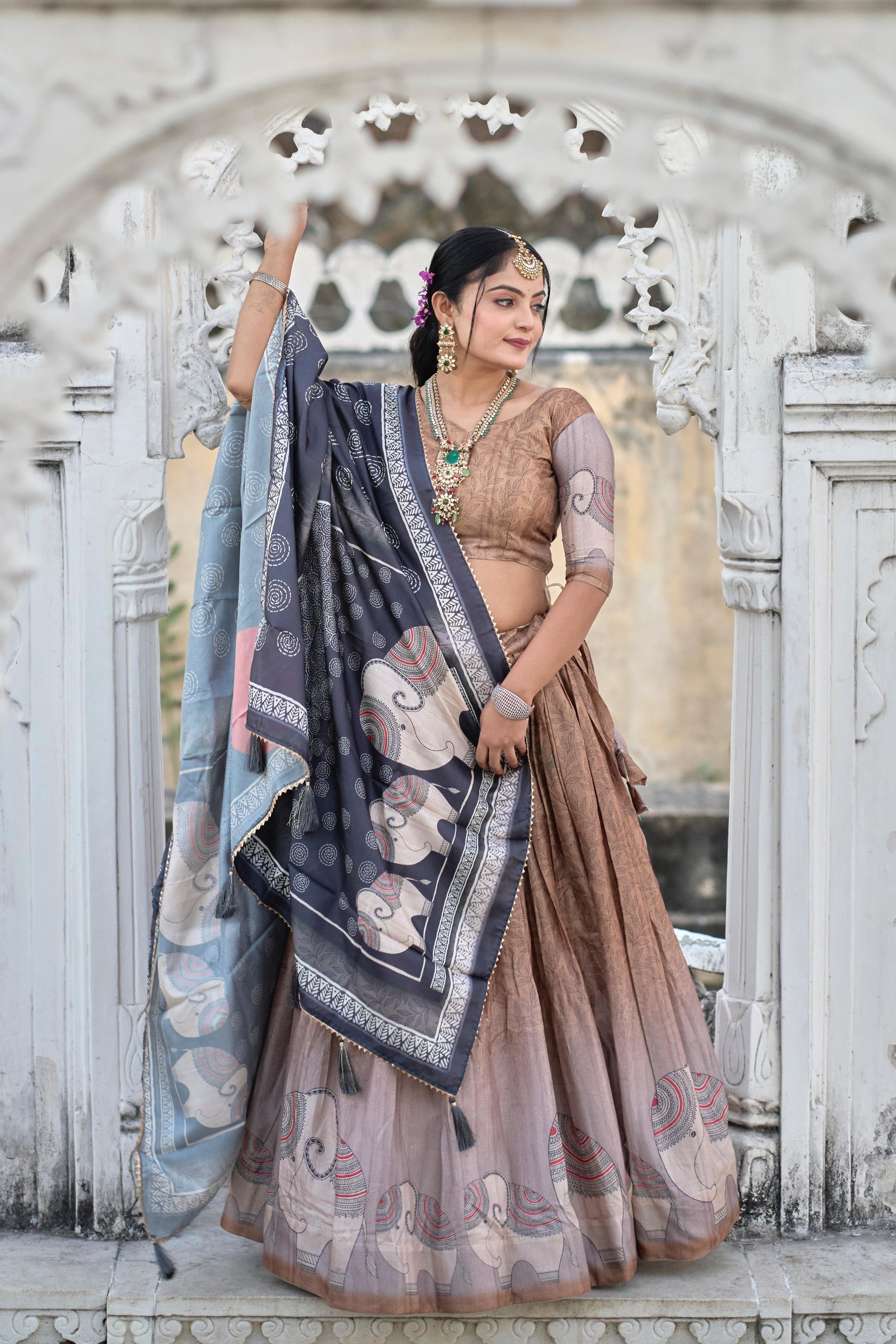Graceful Brown Pure Manipuri Silk Printed Lehenga Choli Set - INDIAN ELEGANCE