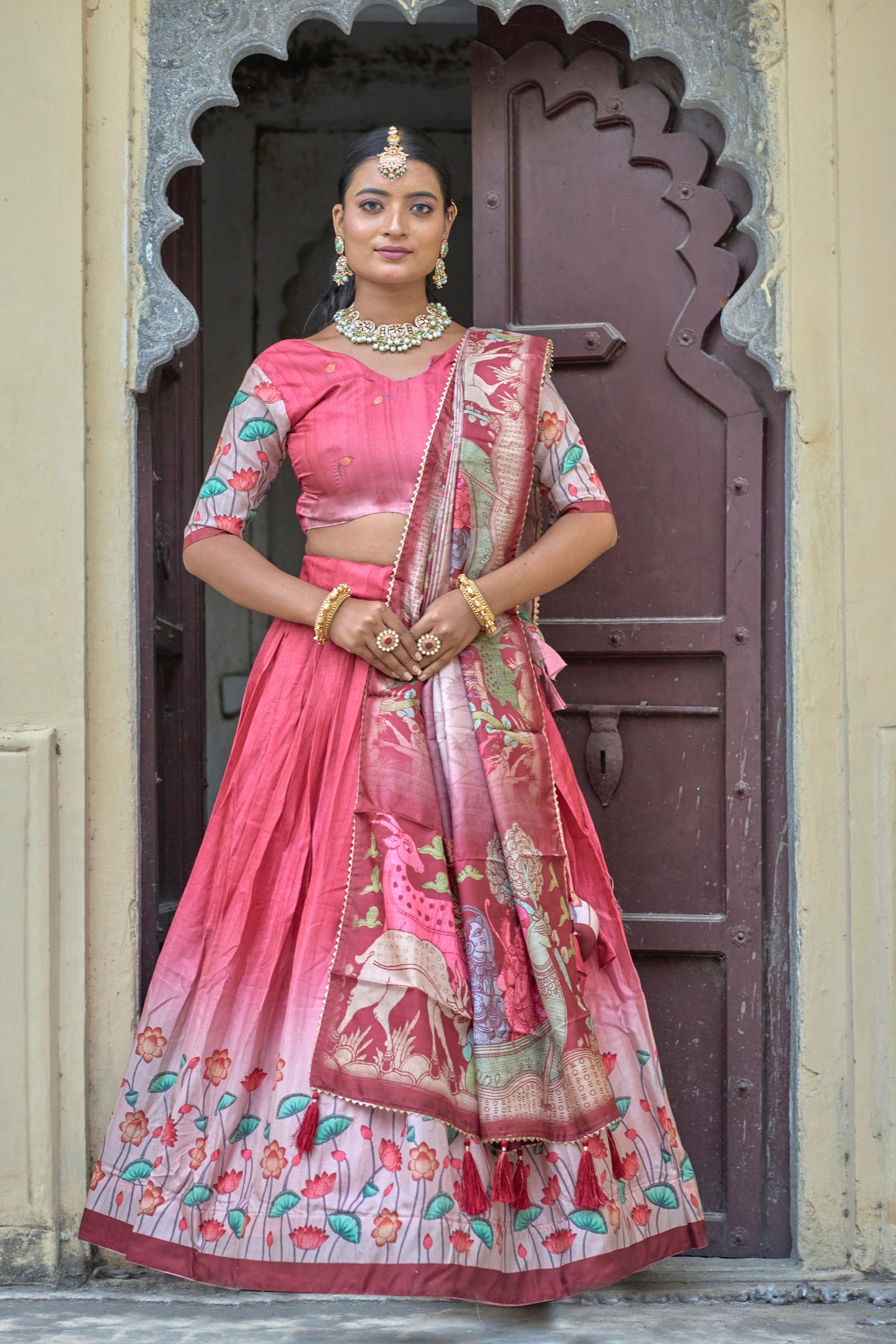 Arresting Pink Pure Manipuri Silk Printed Lehenga Choli Set - INDIAN ELEGANCE