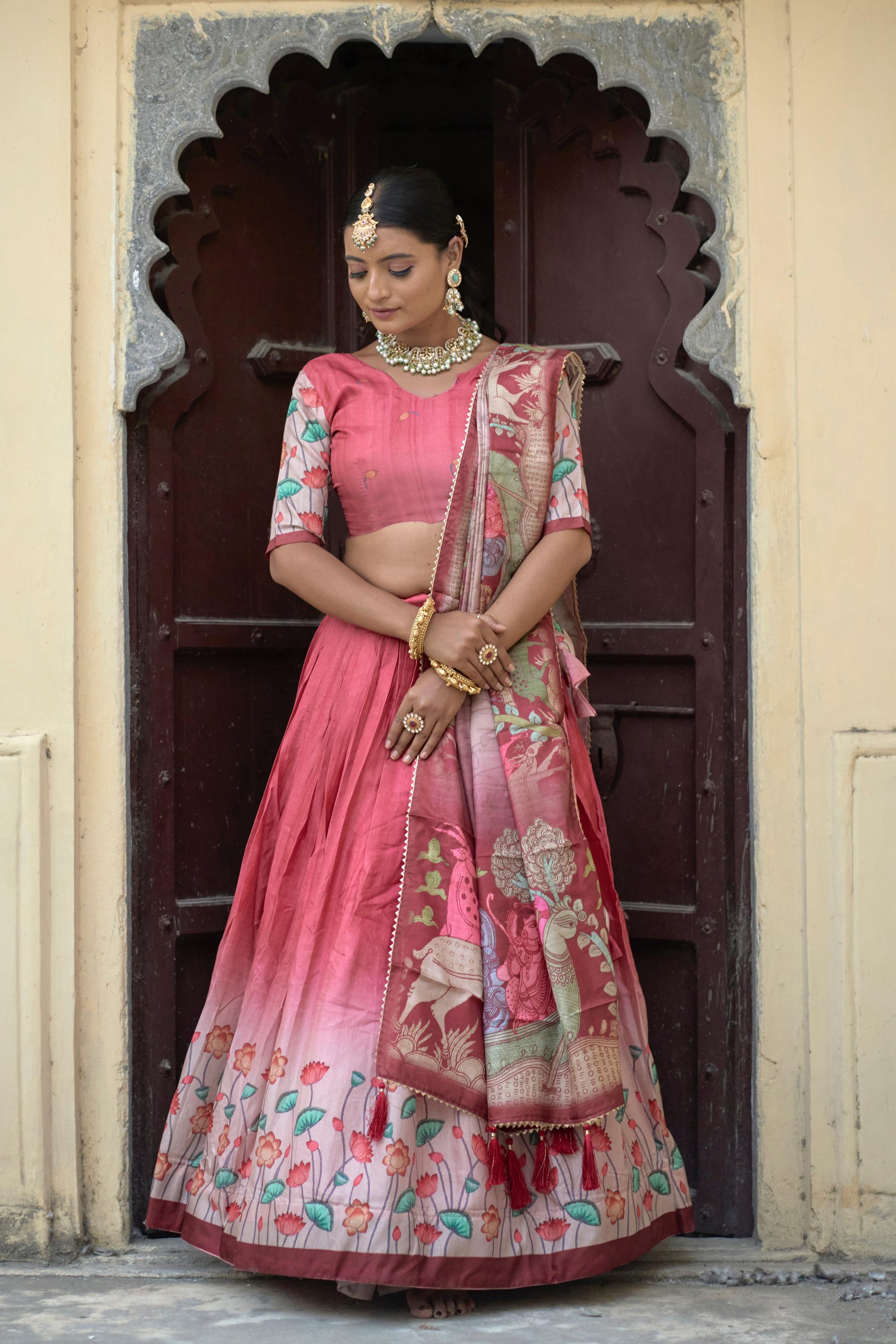 Arresting Pink Pure Manipuri Silk Printed Lehenga Choli Set - INDIAN ELEGANCE
