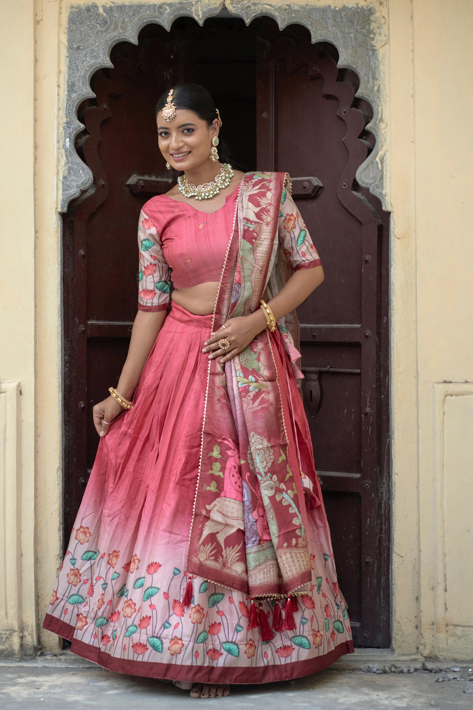 Arresting Pink Pure Manipuri Silk Printed Lehenga Choli Set - INDIAN ELEGANCE