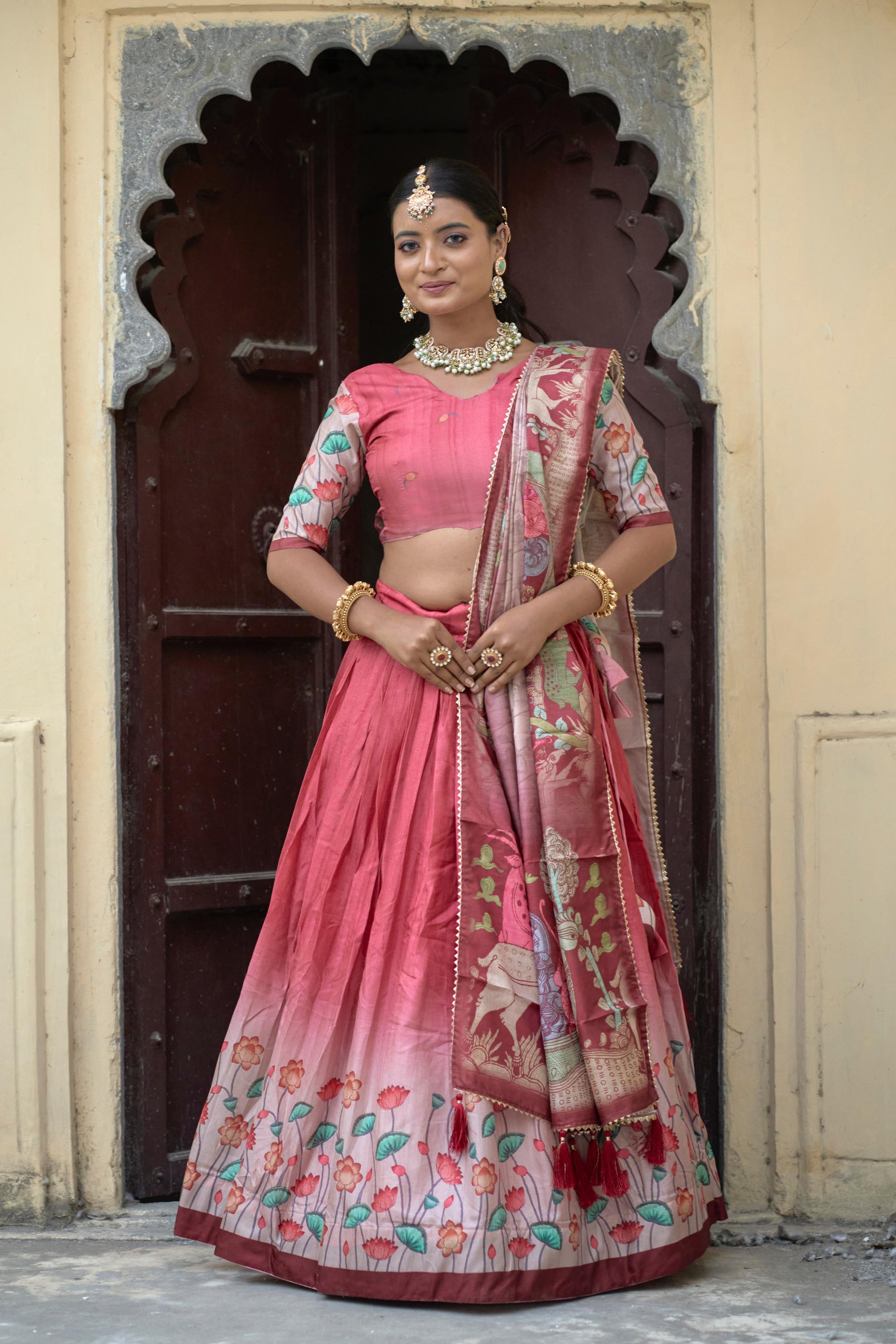 Arresting Pink Pure Manipuri Silk Printed Lehenga Choli Set - INDIAN ELEGANCE