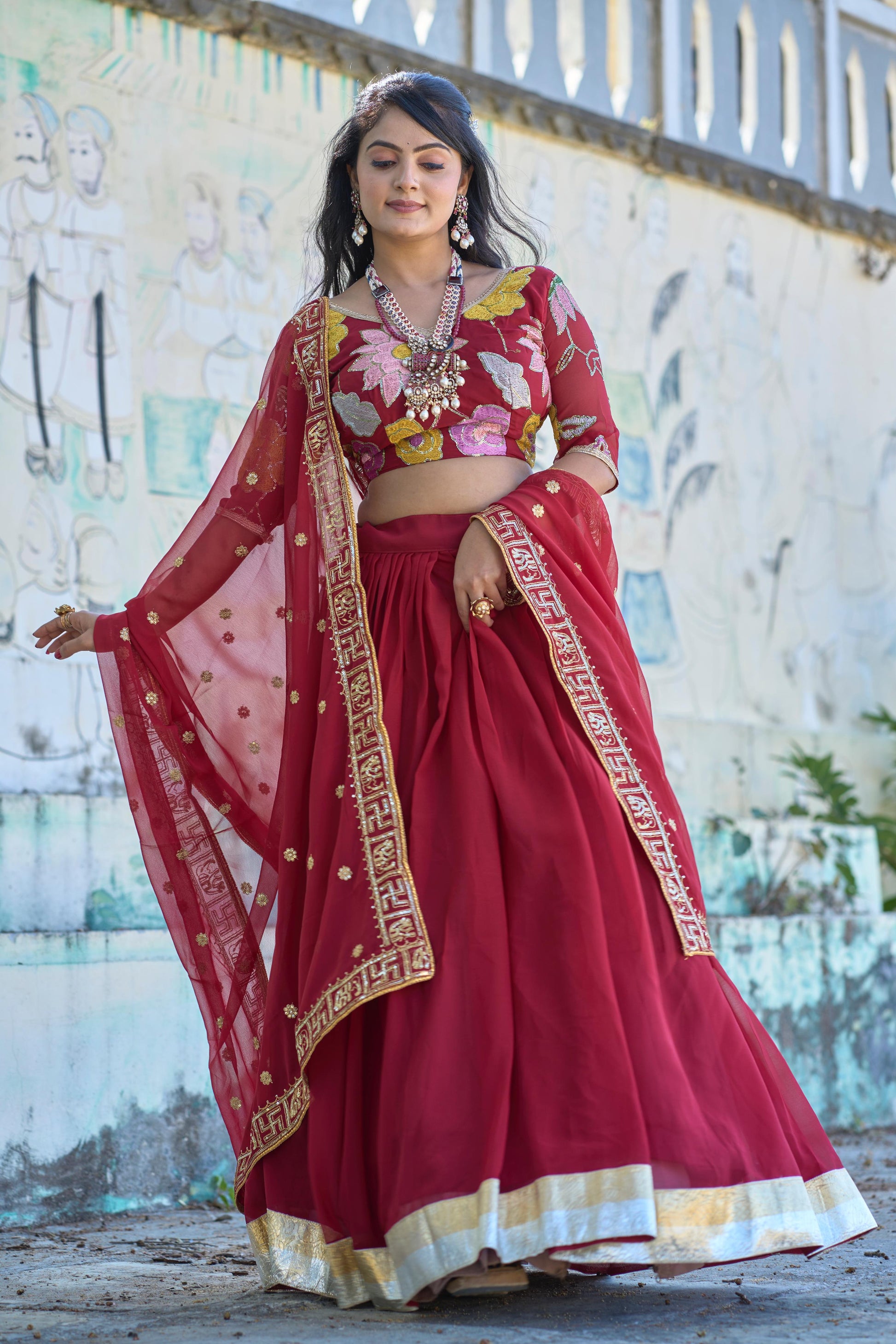 Magnificent Maroon Georgette Floral Embroidered Lehenga Choli Set - INDIAN ELEGANCE