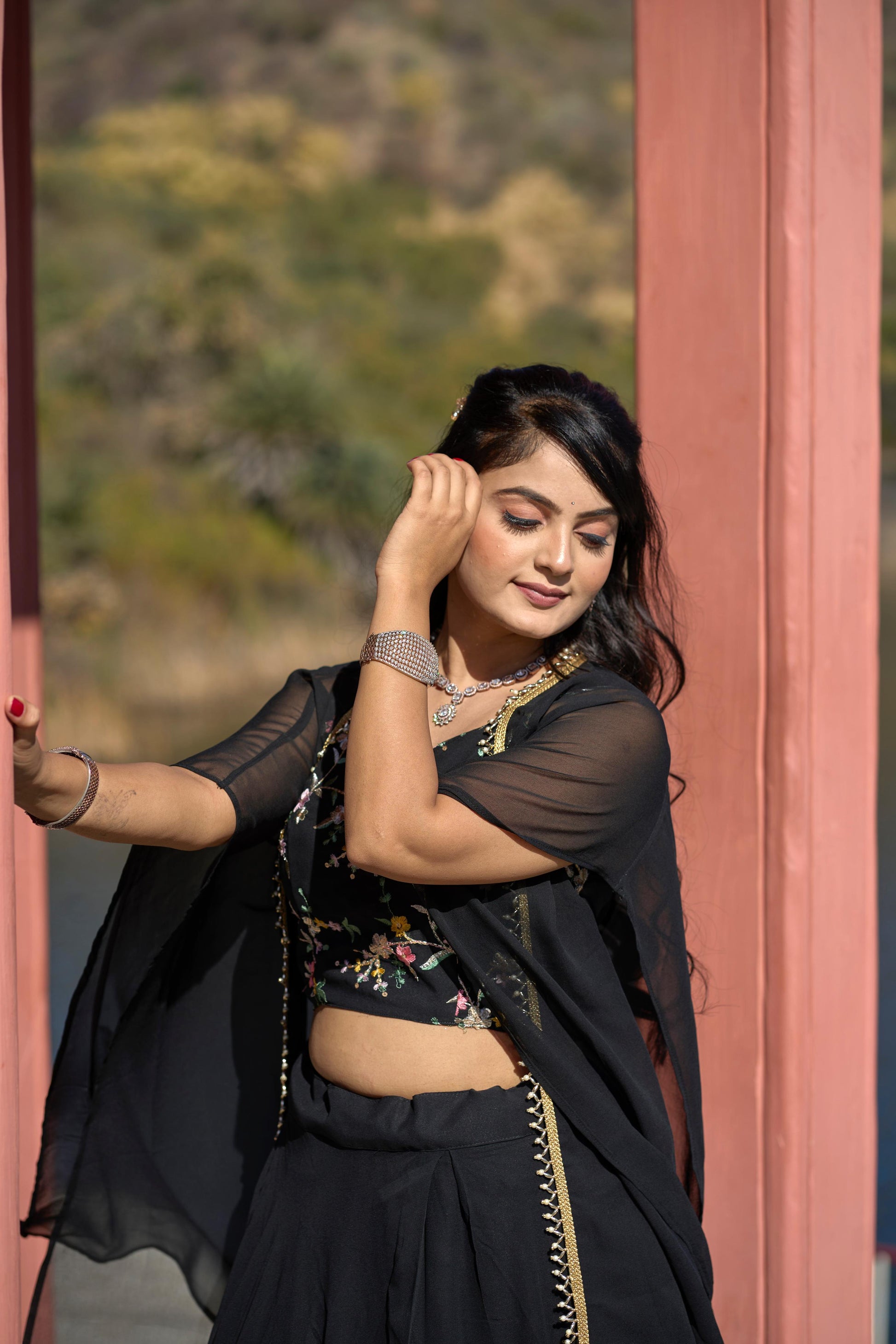 Classic Black Georgette Embroidered Blouse Lehenga Koti Set - INDIAN ELEGANCE