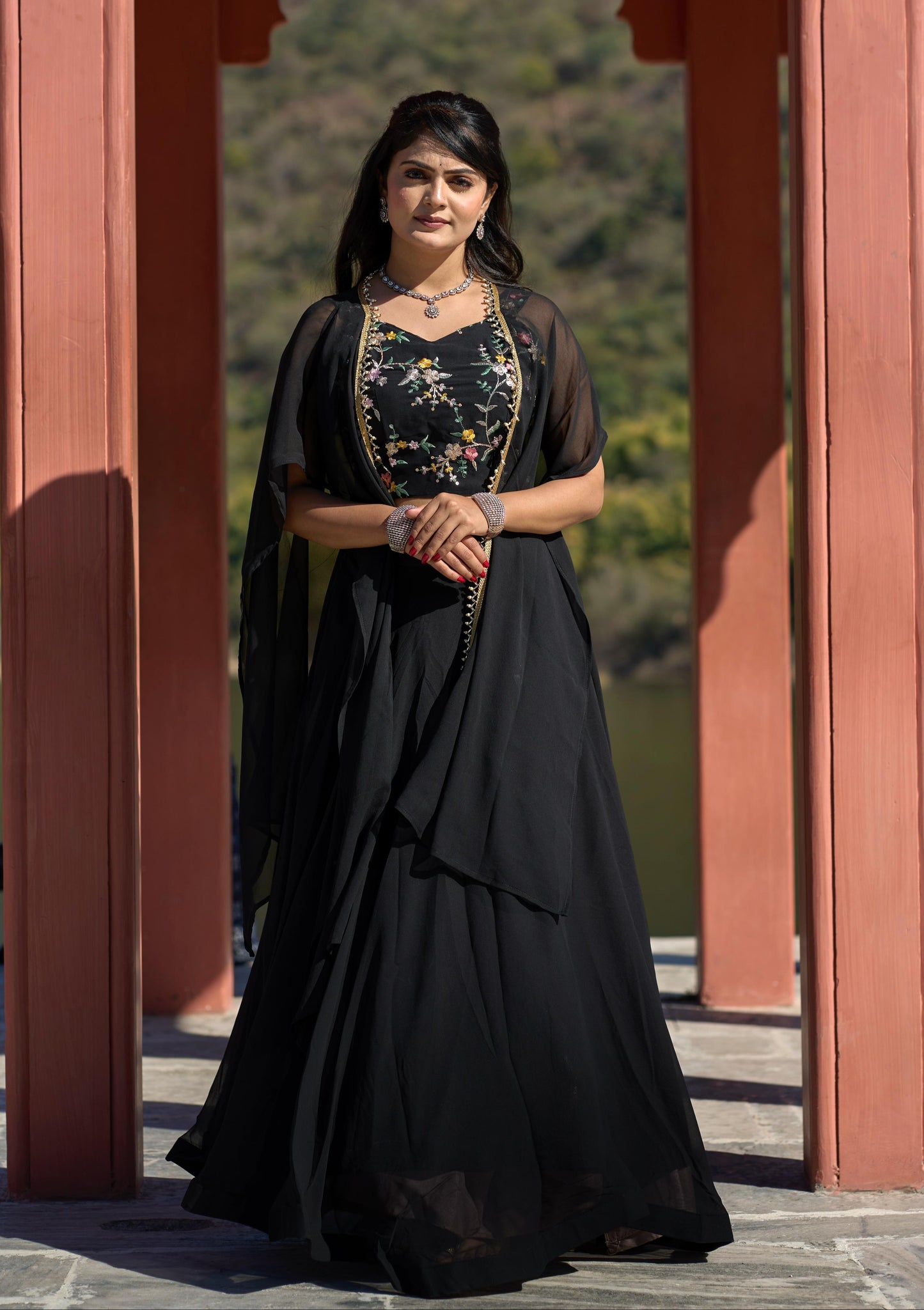 Classic Black Georgette Embroidered Blouse Lehenga Koti Set - INDIAN ELEGANCE