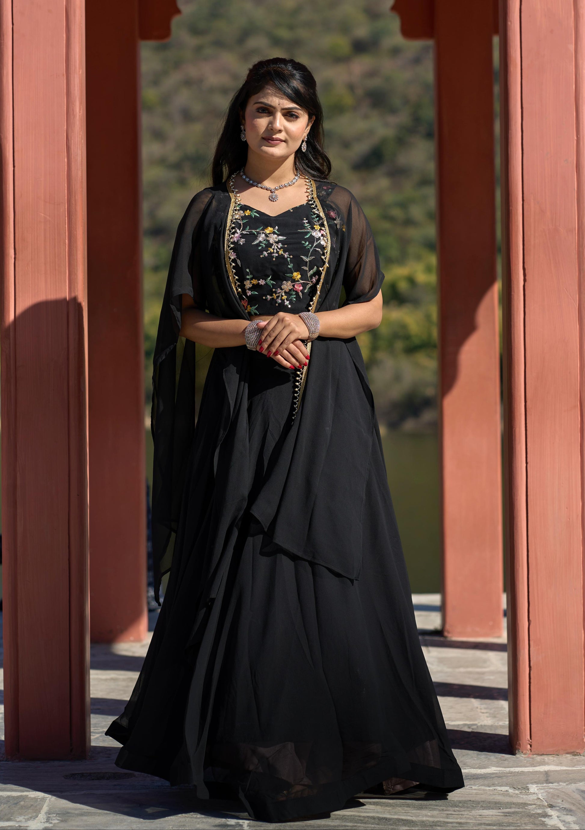 Classic Black Georgette Embroidered Blouse Lehenga Koti Set - INDIAN ELEGANCE