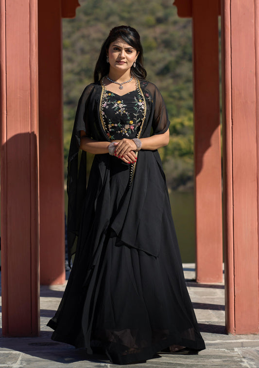 Classic Black Georgette Embroidered Blouse Lehenga Koti Set - INDIAN ELEGANCE