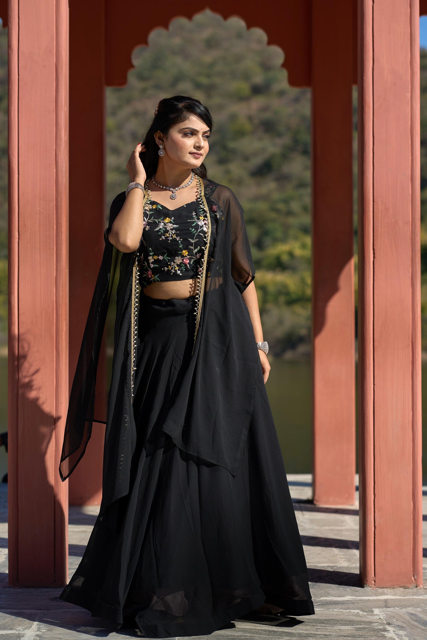 Classic Black Georgette Embroidered Blouse Lehenga Koti Set - INDIAN ELEGANCE