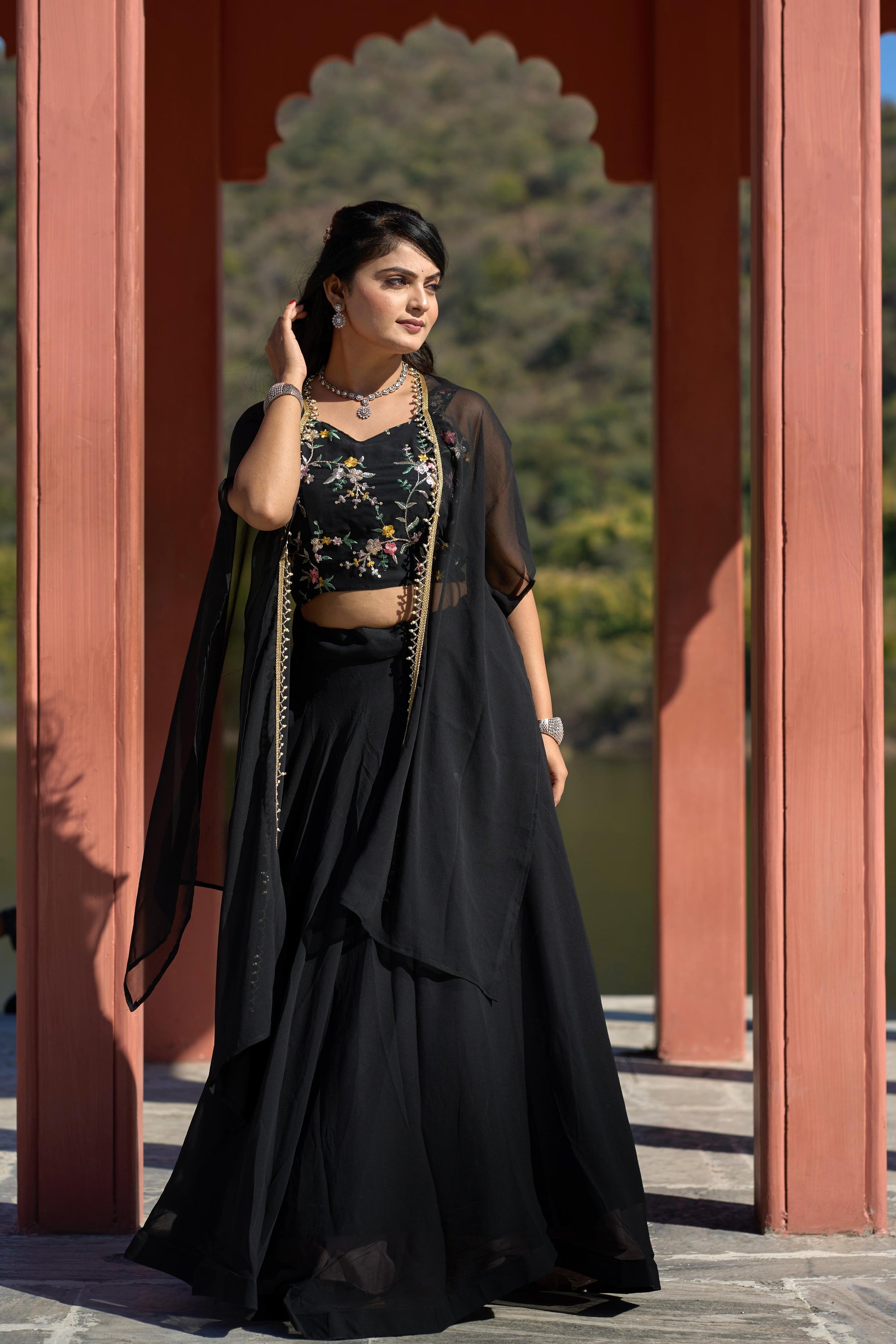 Classic Black Georgette Embroidered Blouse Lehenga Koti Set - INDIAN ELEGANCE