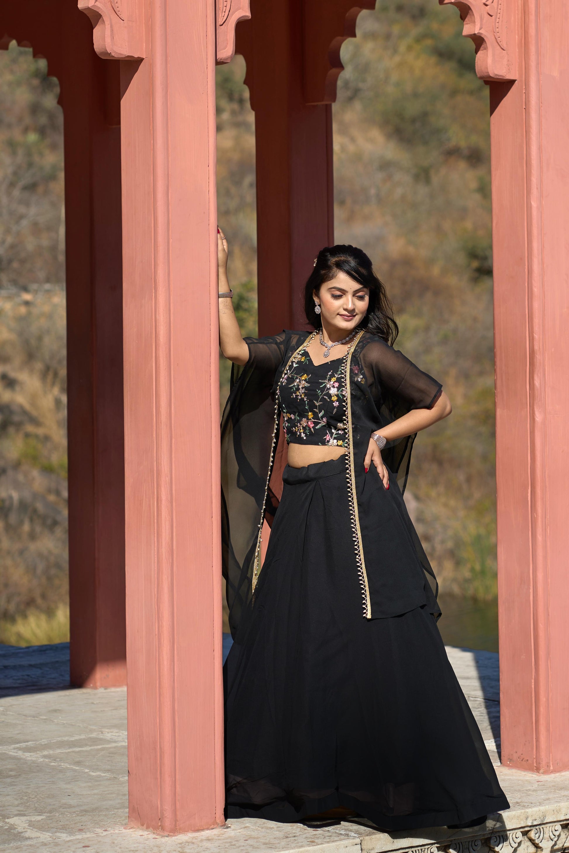 Classic Black Georgette Embroidered Blouse Lehenga Koti Set - INDIAN ELEGANCE