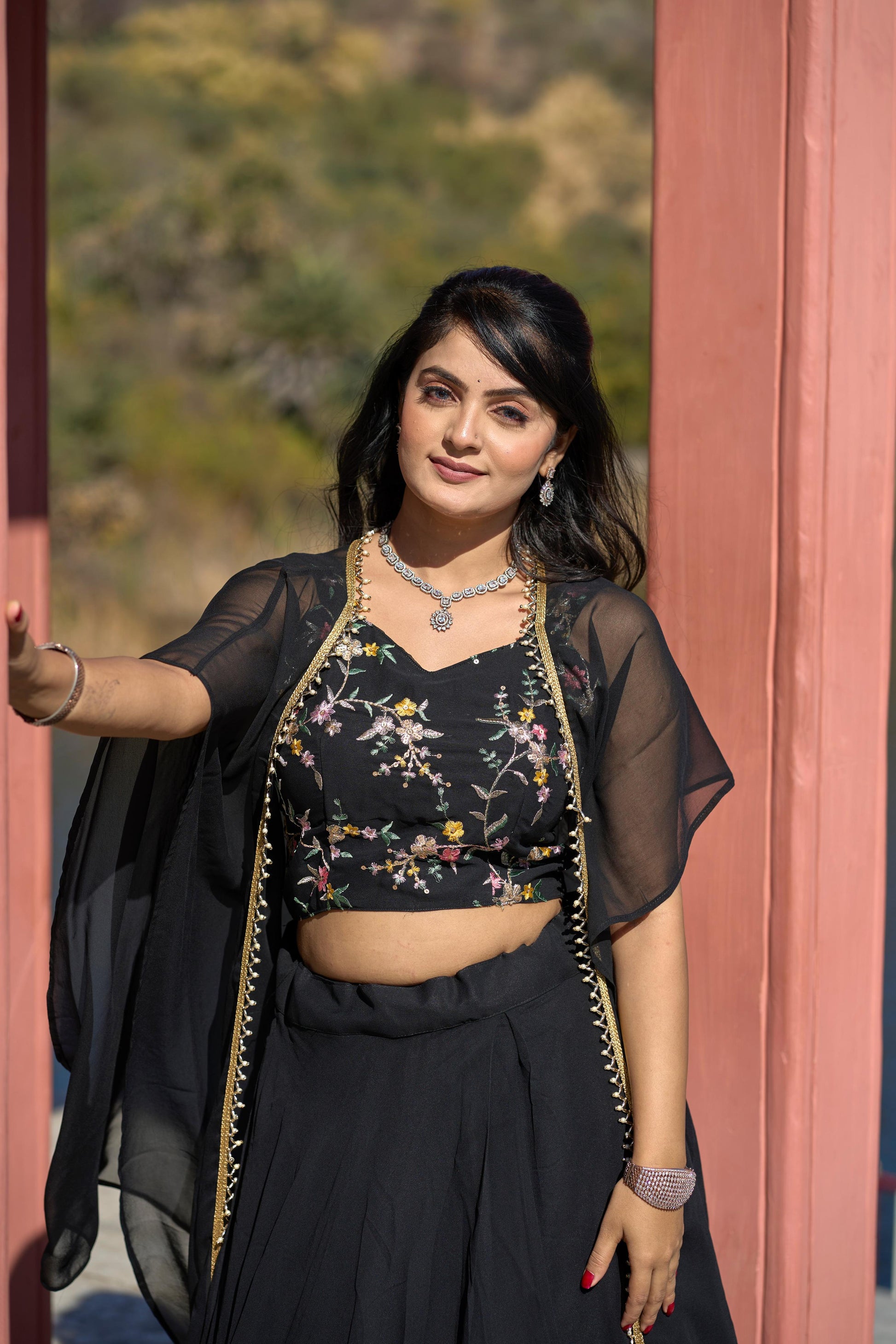 Classic Black Georgette Embroidered Blouse Lehenga Koti Set - INDIAN ELEGANCE