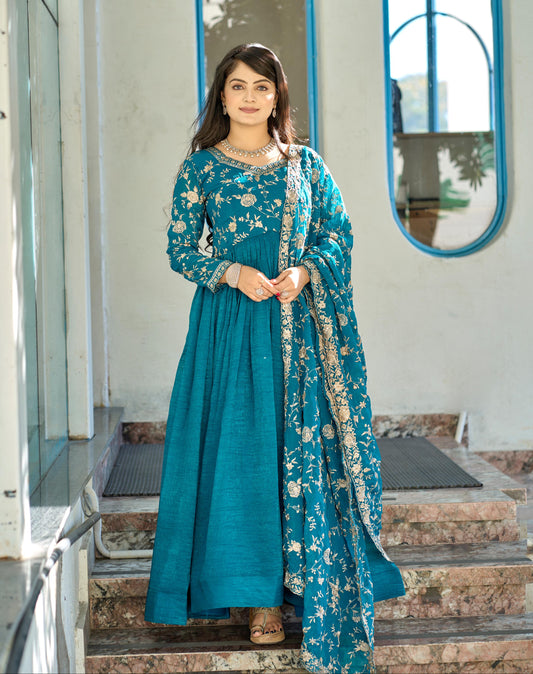 Exquisite Rama Colored Pure Crunchy Embroidered Gown With Dupatta - INDIAN ELEGANCE