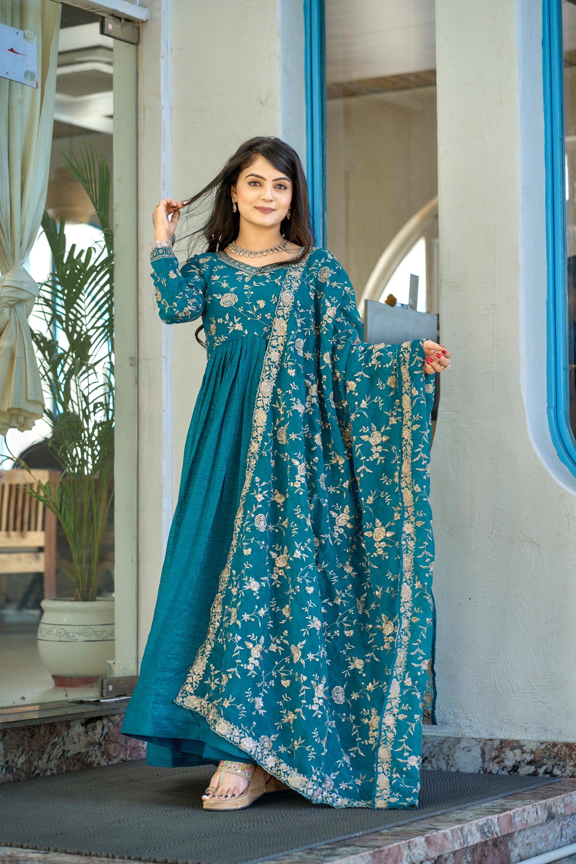Exquisite Rama Colored Pure Crunchy Embroidered Gown With Dupatta - INDIAN ELEGANCE