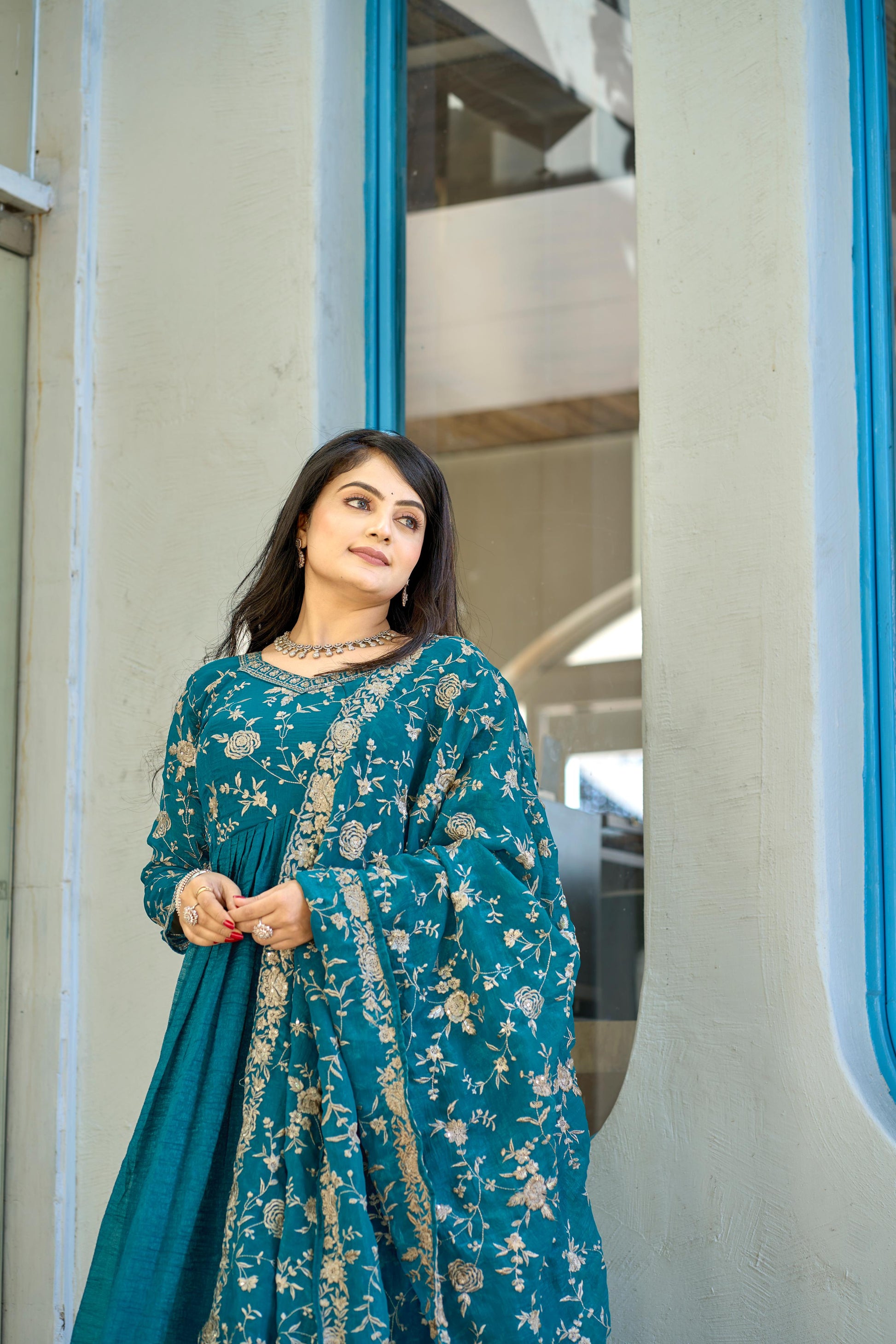 Exquisite Rama Colored Pure Crunchy Embroidered Gown With Dupatta - INDIAN ELEGANCE
