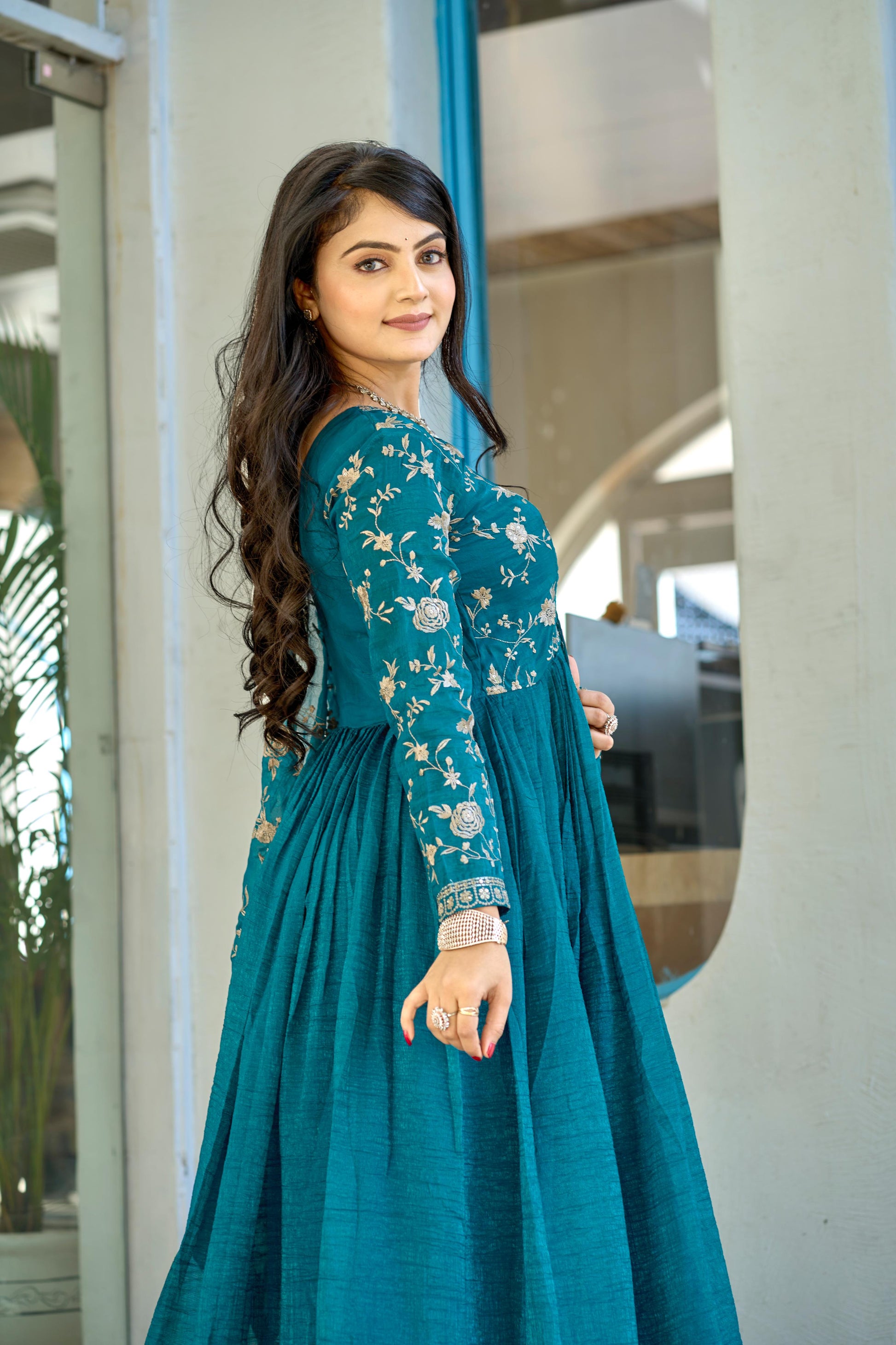 Exquisite Rama Colored Pure Crunchy Embroidered Gown With Dupatta - INDIAN ELEGANCE