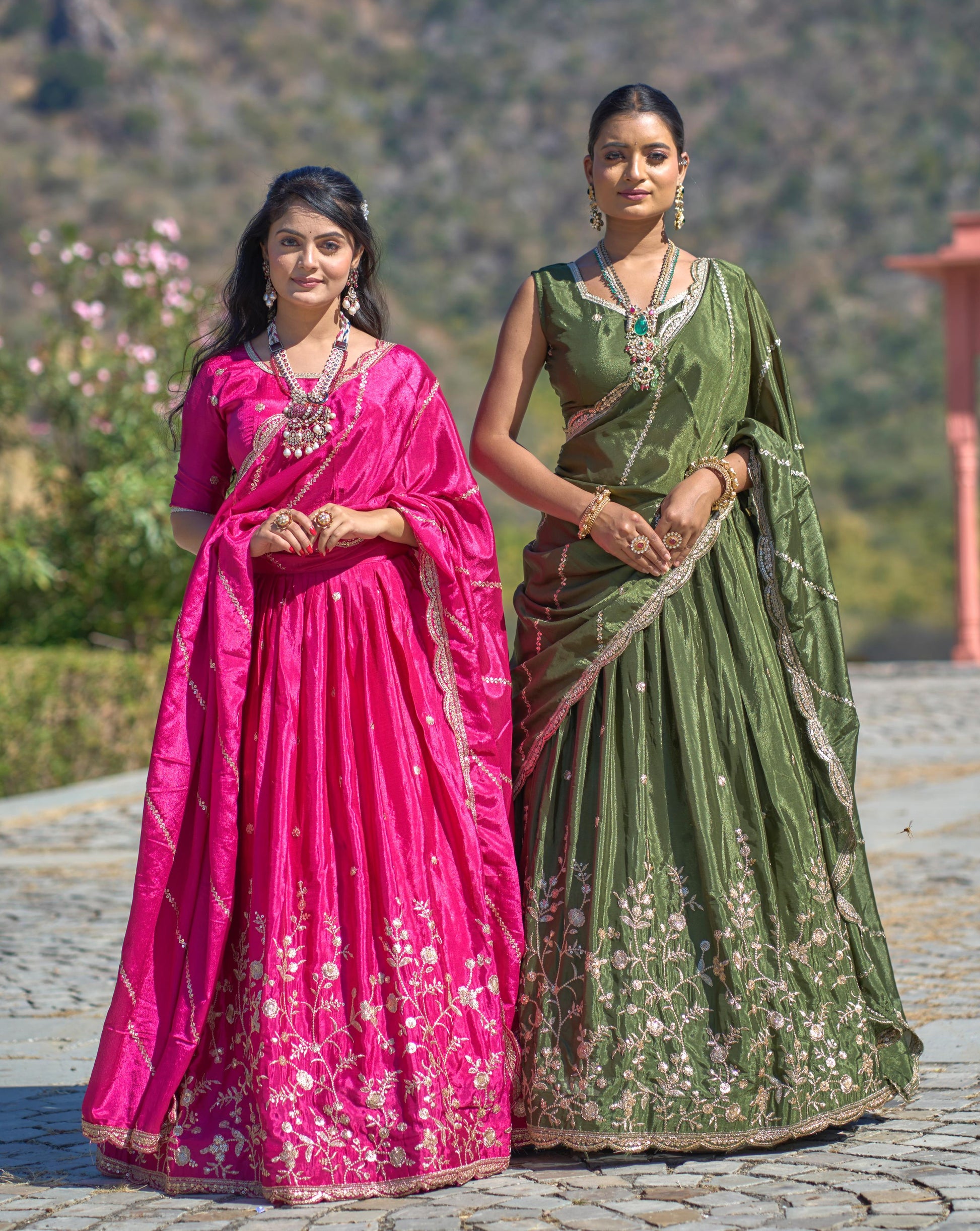 Elegant Chinon Thread Zari Embroidered Lehenga Choli Set - INDIAN ELEGANCE