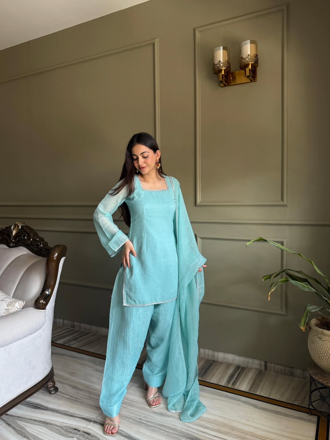 Designer Aqua Crunchy Silk farshi salwar suit Suit  | Farewell & Wedding Outfit for Women