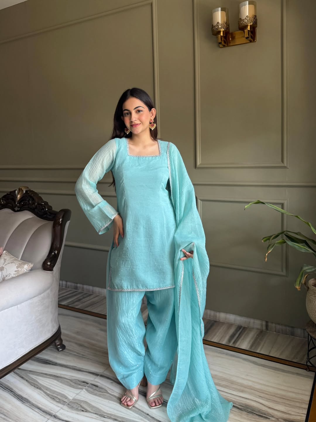 Designer Aqua Crunchy Silk farshi salwar suit Suit  | Farewell & Wedding Outfit for Women