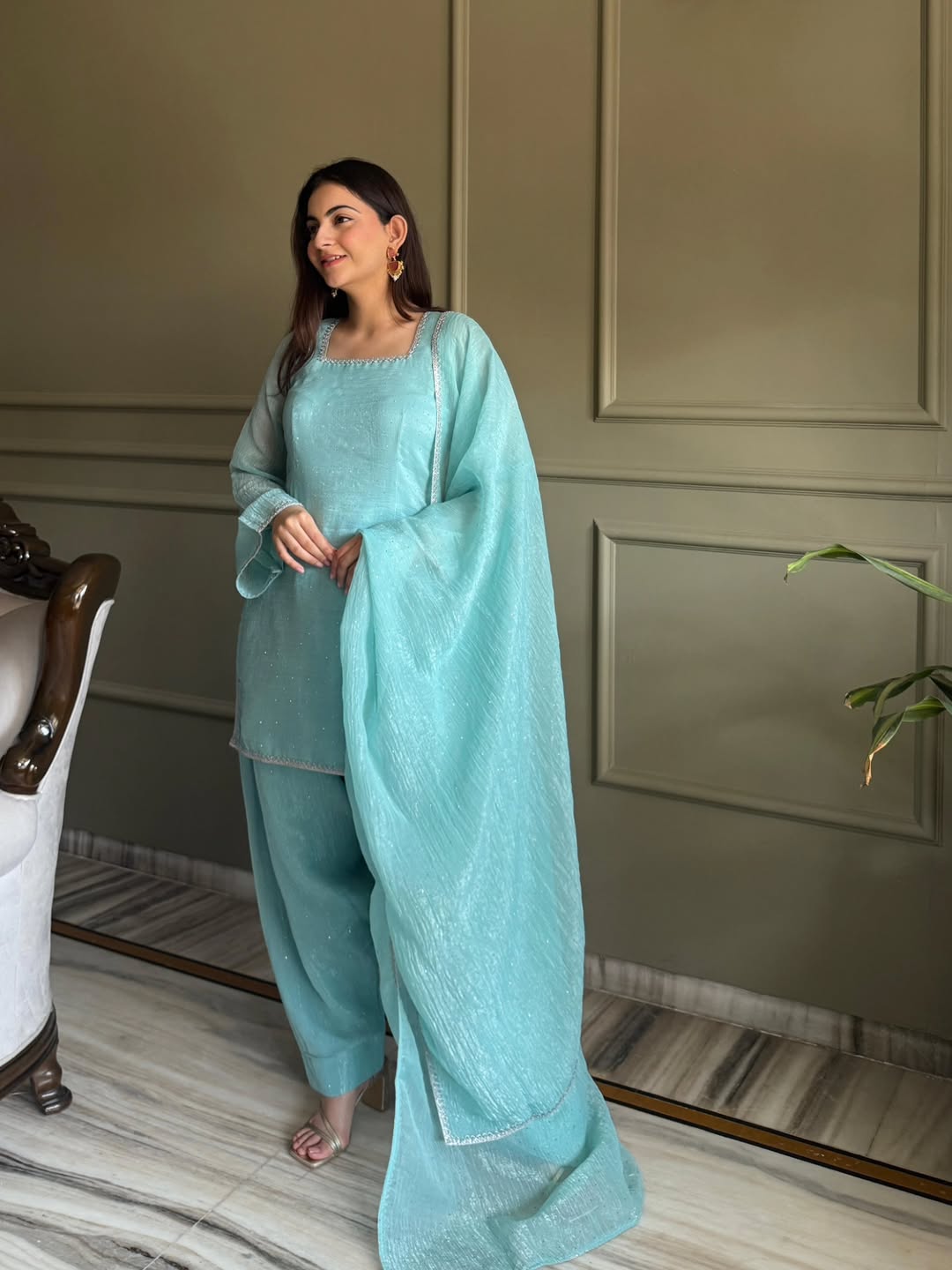 Designer Aqua Crunchy Silk farshi salwar suit Suit  | Farewell & Wedding Outfit for Women