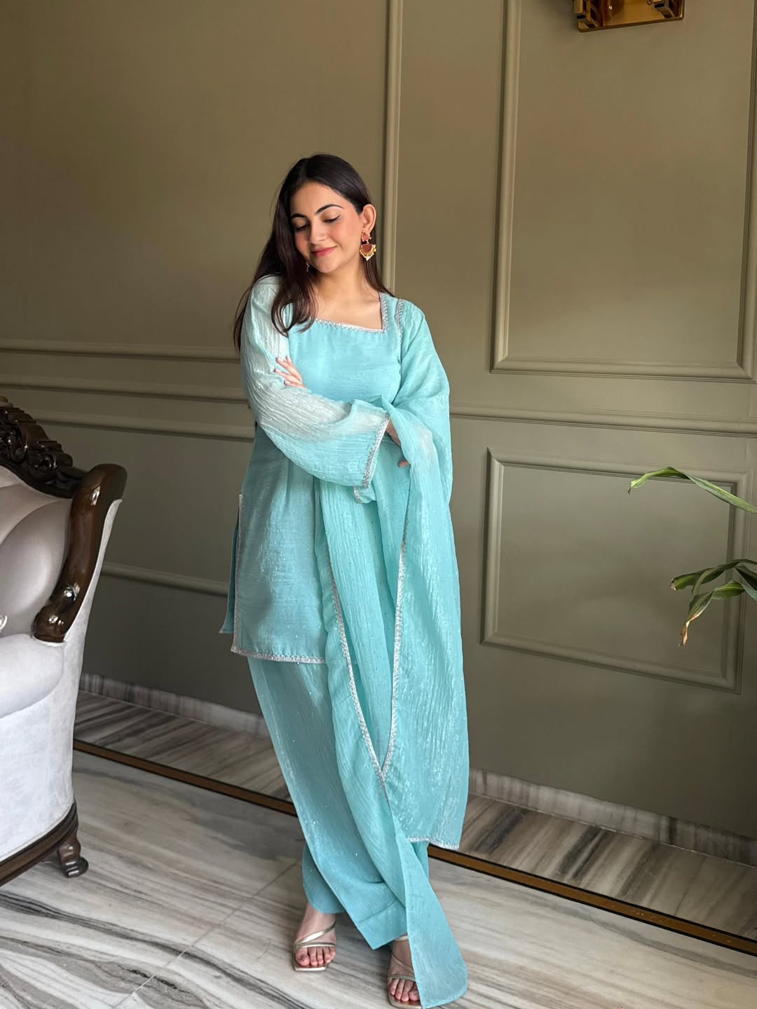 Designer Aqua Crunchy Silk farshi salwar suit Suit  | Farewell & Wedding Outfit for Women