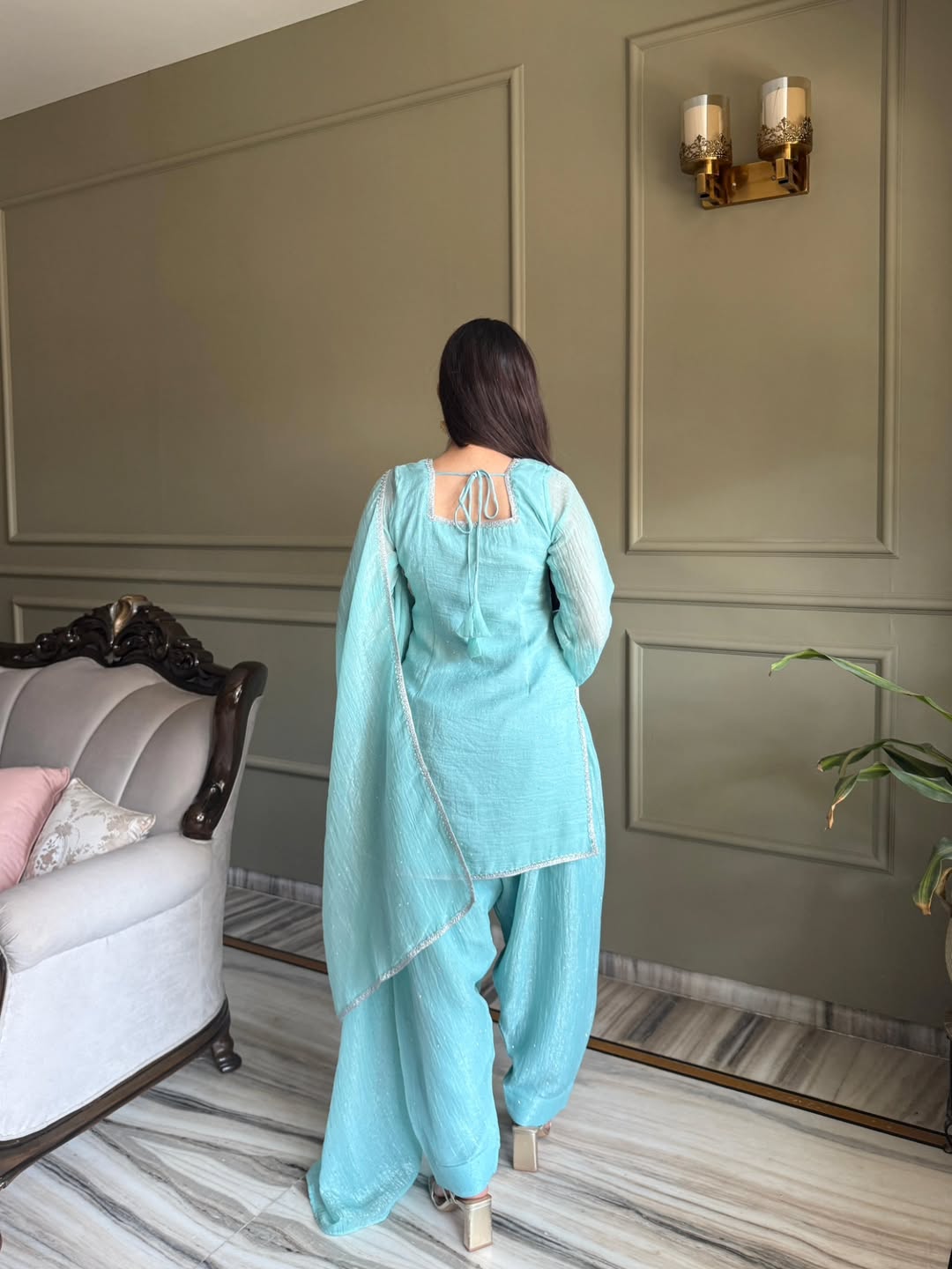 Designer Aqua Crunchy Silk farshi salwar suit Suit  | Farewell & Wedding Outfit for Women
