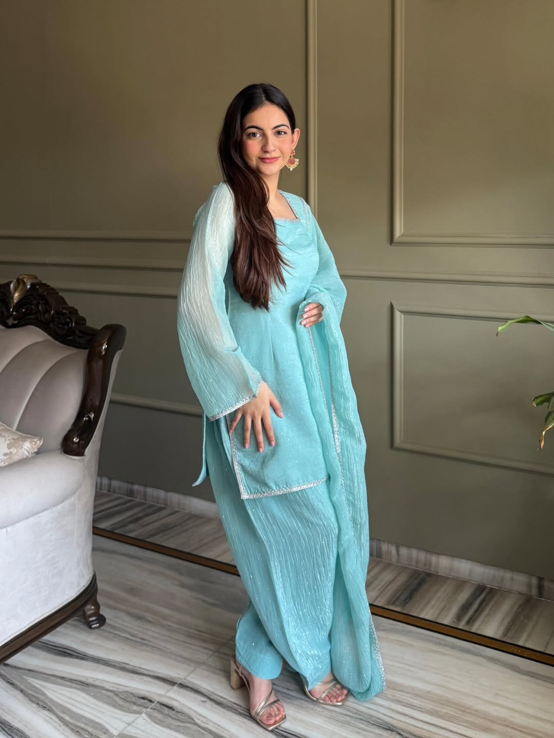 Designer Aqua Crunchy Silk farshi salwar suit Suit  | Farewell & Wedding Outfit for Women