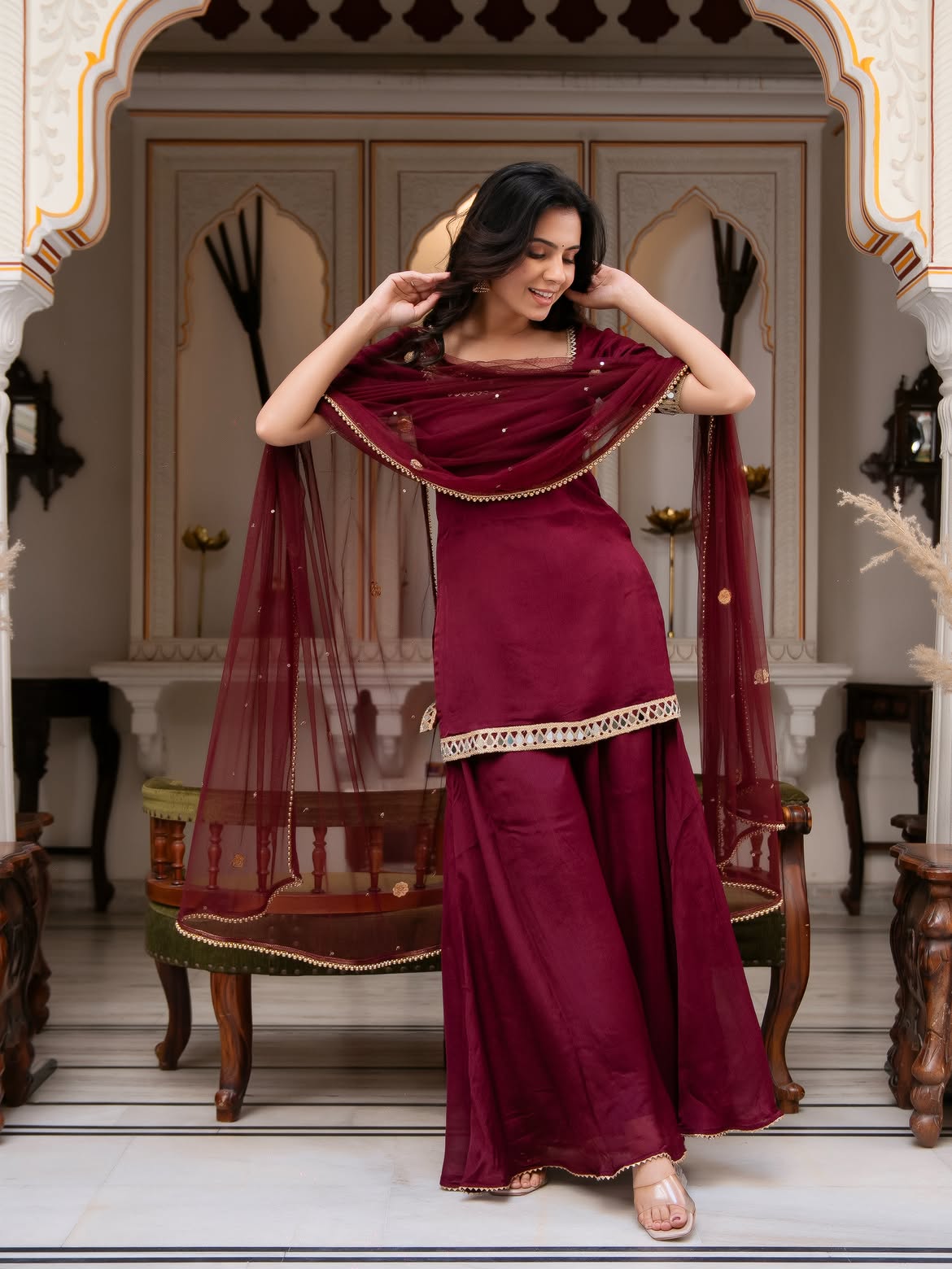 Premium Maroon Chinon Palazzo Suit Set woman | Wedding, Festive & Party Wear