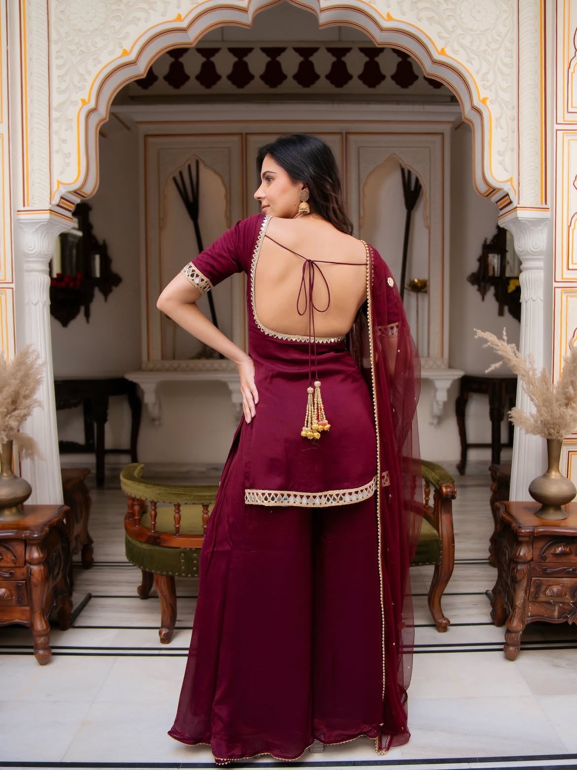 Premium Maroon Chinon Palazzo Suit Set woman | Wedding, Festive & Party Wear