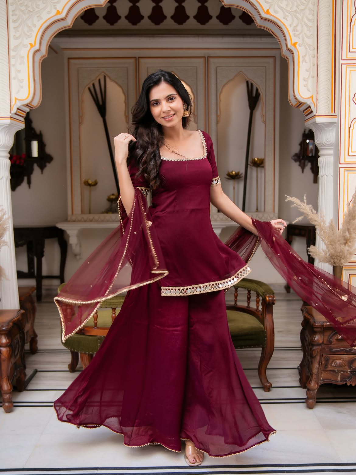 Premium Maroon Chinon Palazzo Suit Set woman | Wedding, Festive & Party Wear