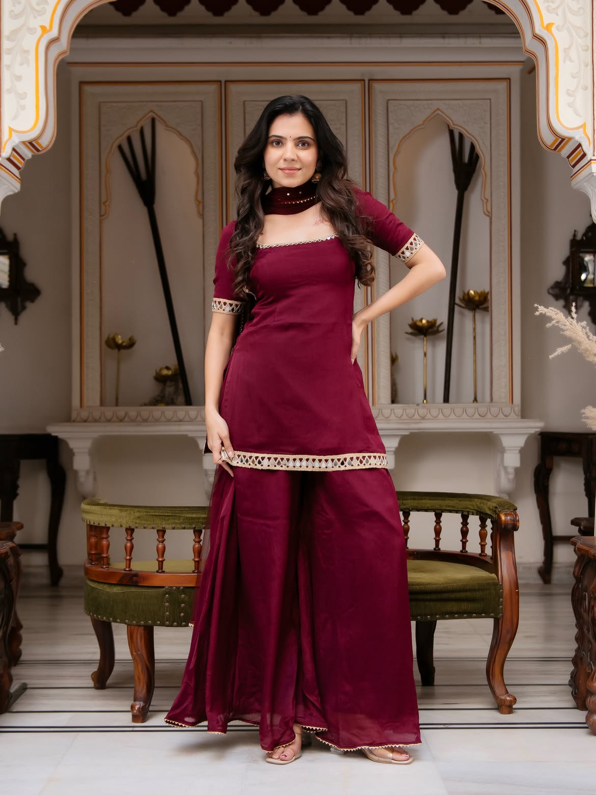 Premium Maroon Chinon Palazzo Suit Set woman | Wedding, Festive & Party Wear