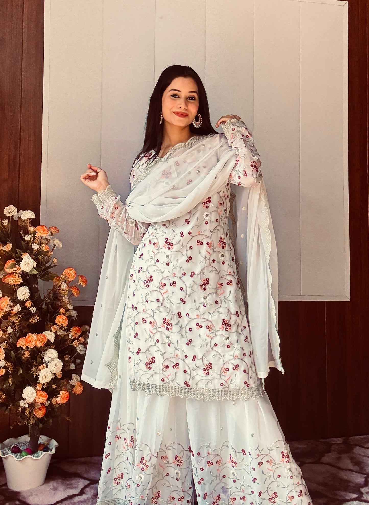 Divine Georgette Sequins Zari Thread Worked Top Sharara Suit