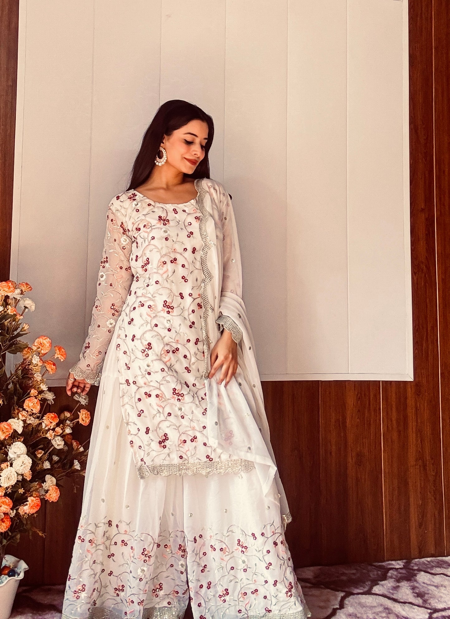 Divine Georgette Sequins Zari Thread Worked Top Sharara Suit