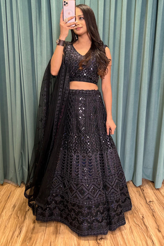 Magnificent Black Heavy Dori Sequins Worked Net Lehenga Choli - INDIAN ELEGANCE