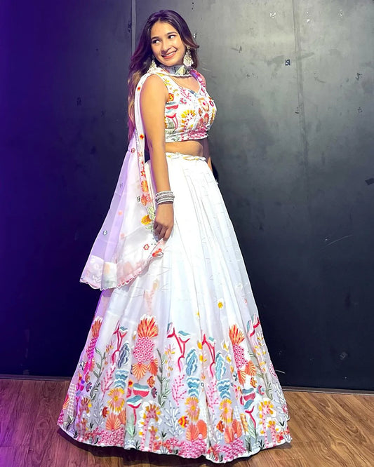 Exquisite White Floral Sequins Embroidered Lehenga Choli Set - INDIAN ELEGANCE