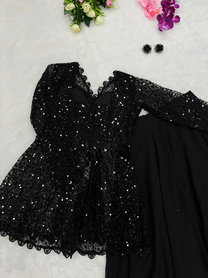 Black Indo-Western Peplum Top with Lehenga Skirt – Sequins Blazer Style Co-ord Set