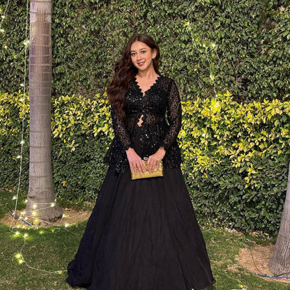 Black Indo-Western Peplum Top with Lehenga Skirt – Sequins Blazer Style Co-ord Set
