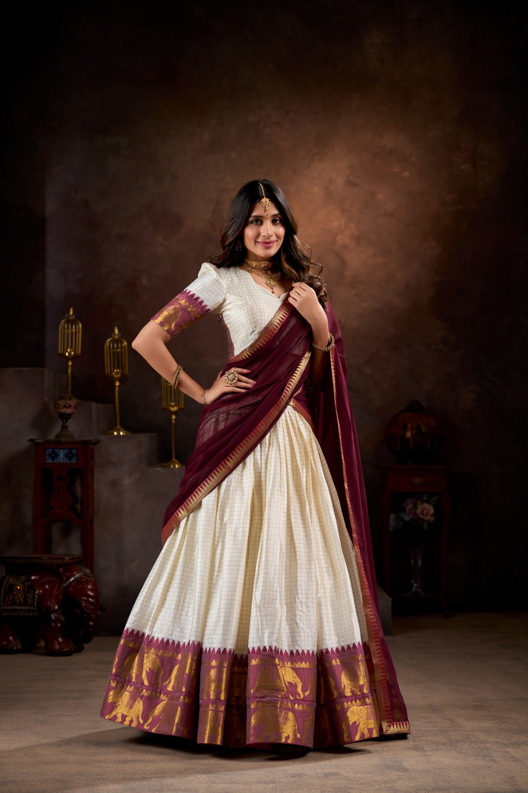Regal Maroon & Ivory Zari Woven Lehenga Choli with Elegant Dupatta