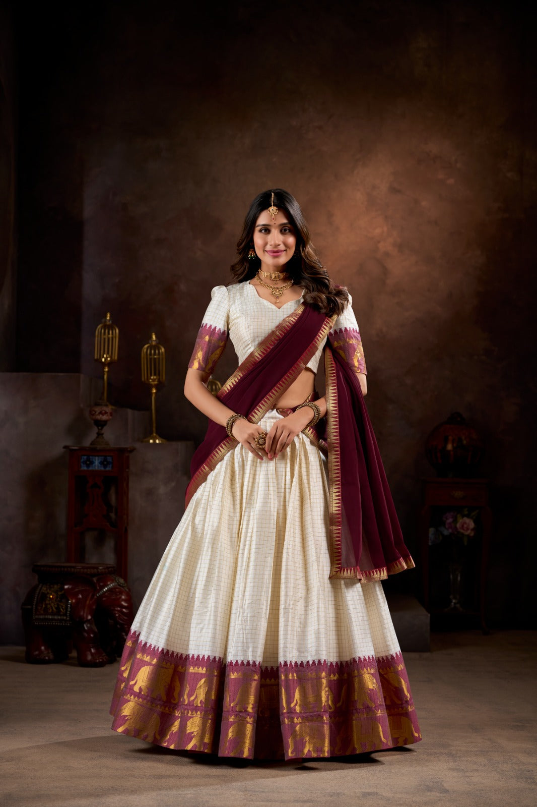 Regal Maroon & Ivory Zari Woven Lehenga Choli with Elegant Dupatta