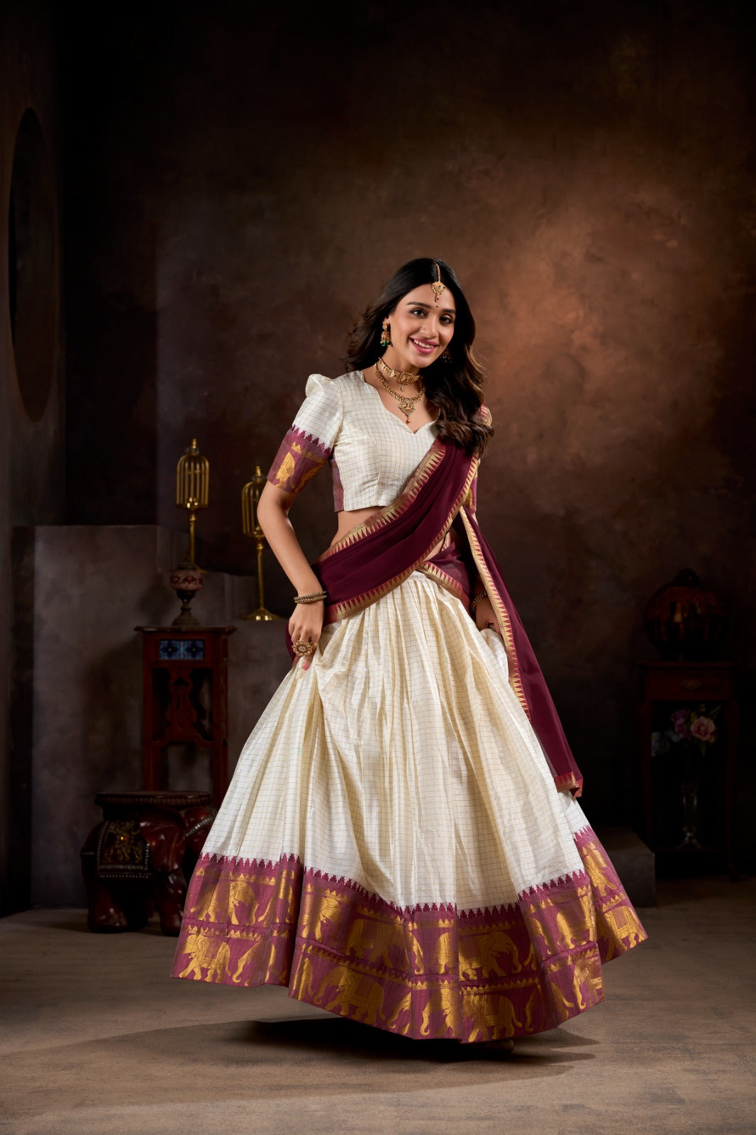 Regal Maroon & Ivory Zari Woven Lehenga Choli with Elegant Dupatta