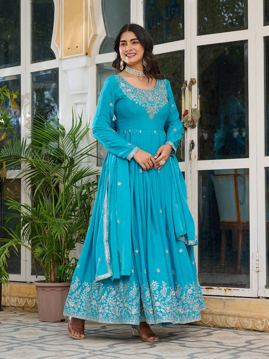 American Silk Embroidered Gown Set with Dupatta & Pant for Women