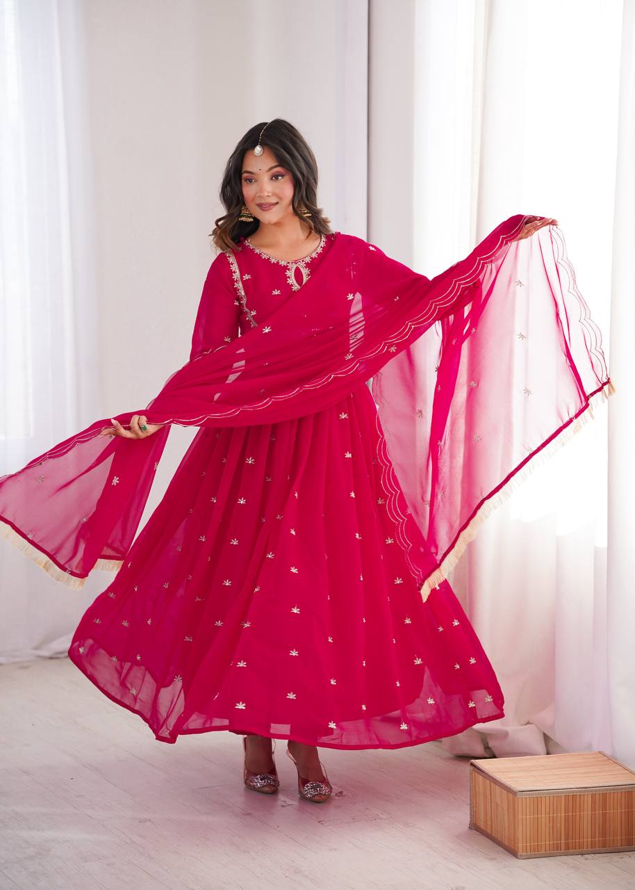 Rose Pink Premium Georgette Sequin Embroidered Gown Set with Pant