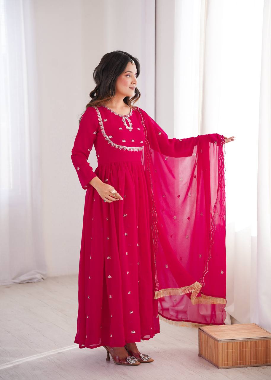 Rose Pink Premium Georgette Sequin Embroidered Gown Set with Pant