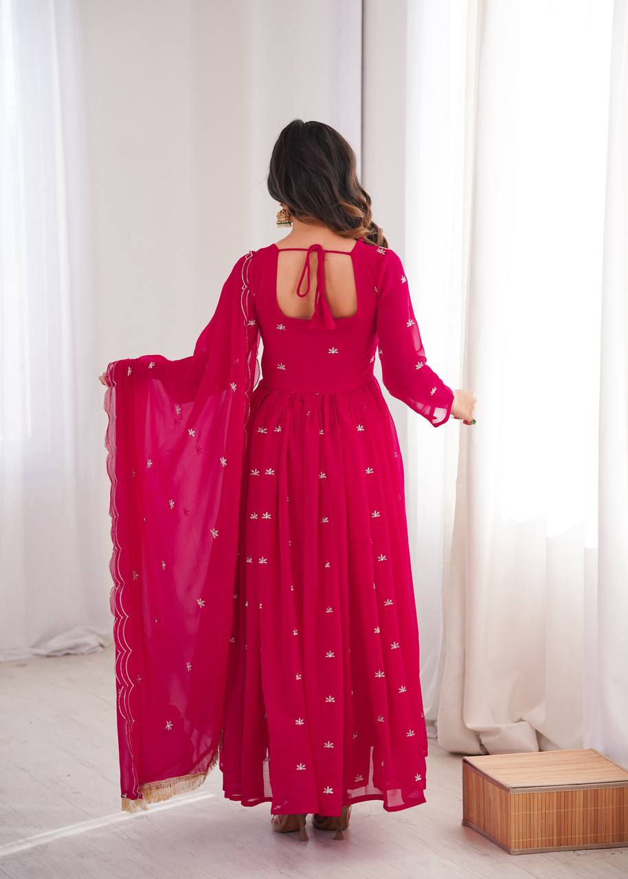 Rose Pink Premium Georgette Sequin Embroidered Gown Set with Pant