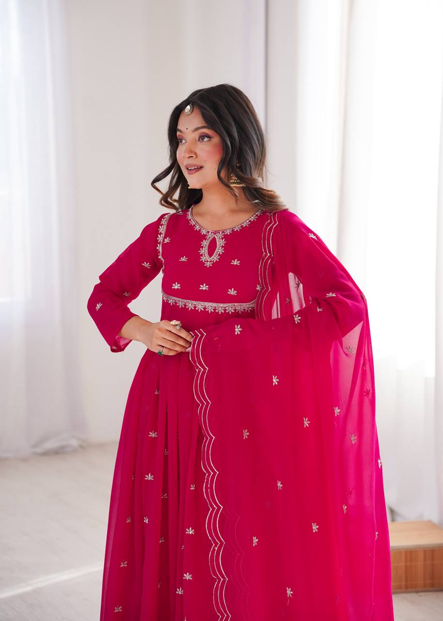 Rose Pink Premium Georgette Sequin Embroidered Gown Set with Pant