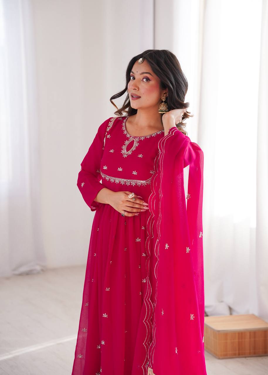 Rose Pink Premium Georgette Sequin Embroidered Gown Set with Pant
