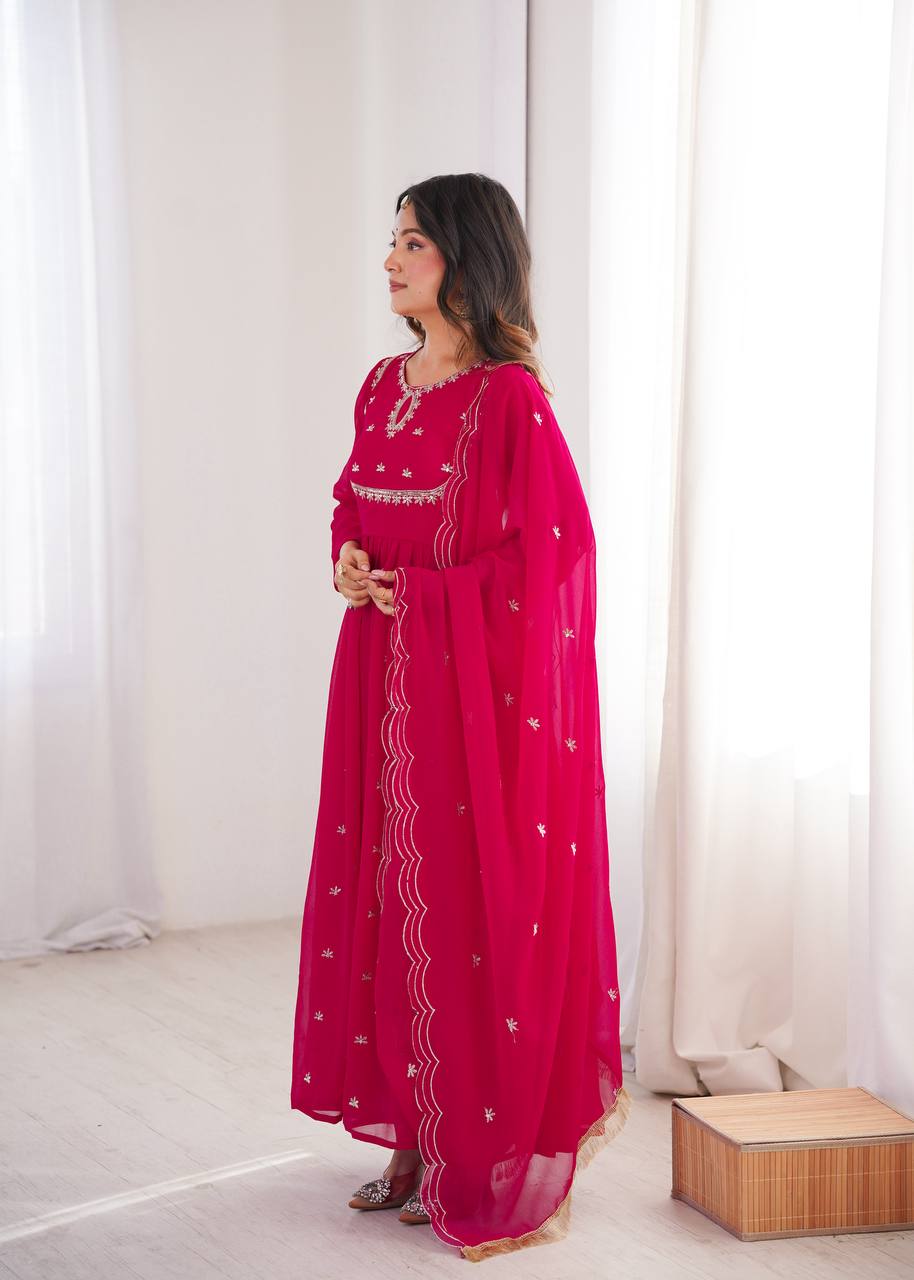 Rose Pink Premium Georgette Sequin Embroidered Gown Set with Pant
